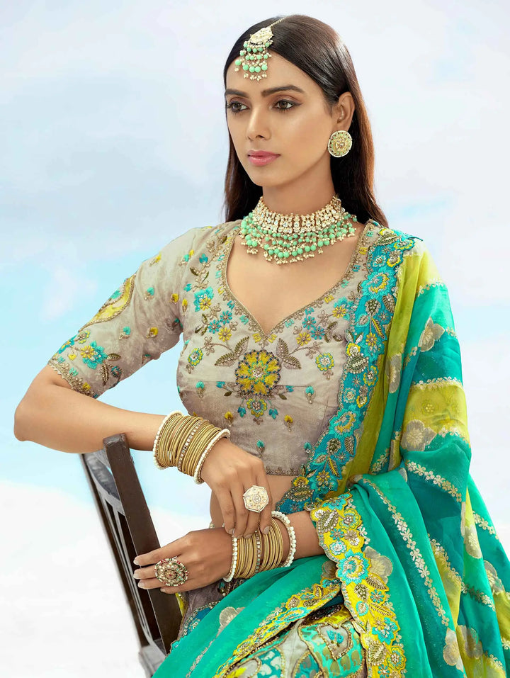 Grey And Teal Blue Designer Patch & Floral Embroidery Work Bridal Lehenga