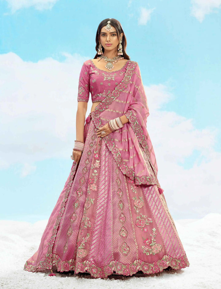 Dull Pink Beautiful Patch & Floral Embroidery Work Bridal Lehenga