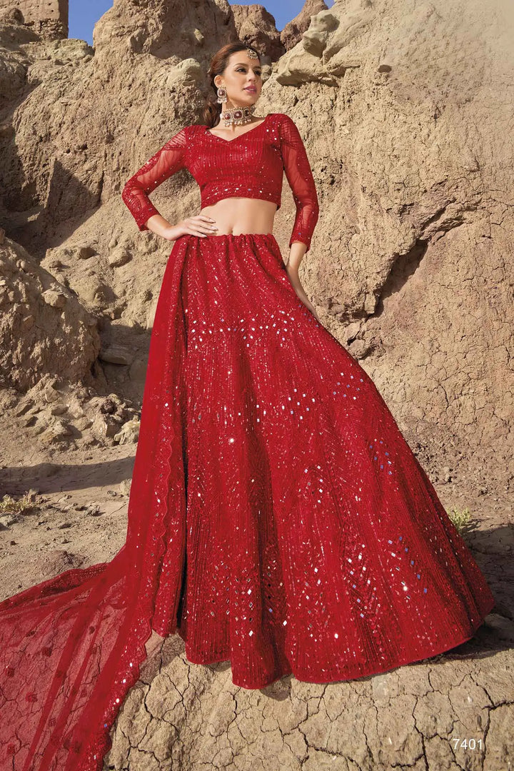 Red  Mirror Work With Sequins Embroidery Work Bridal Lehenga