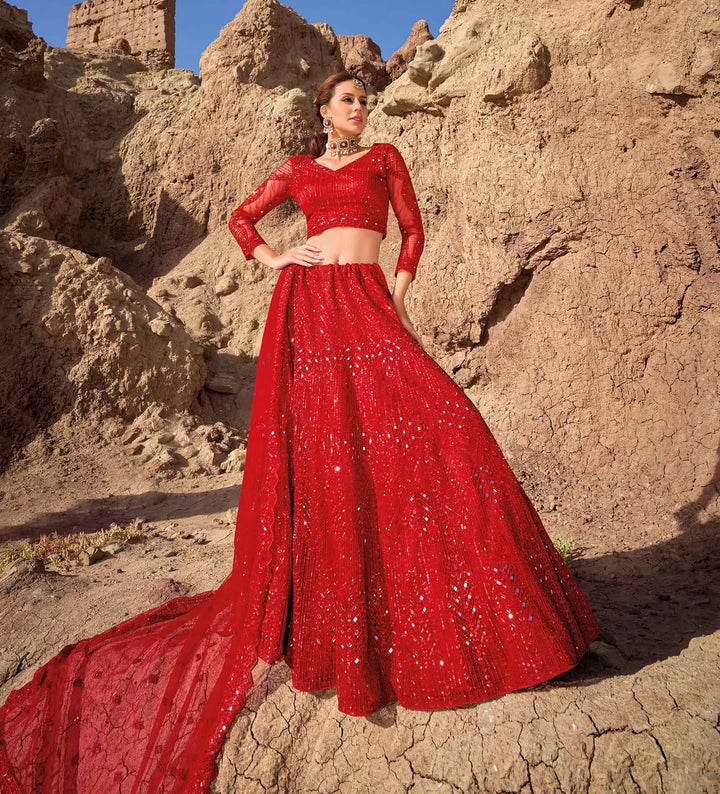 Red  Mirror Work With Sequins Embroidery Work Bridal Lehenga