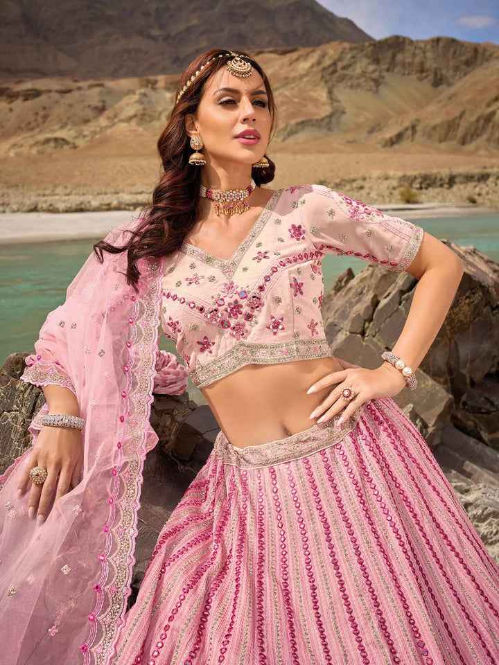 Baby Pink Mirror &  Zarkan Work With Embroidery Work Lehenga For Bride
