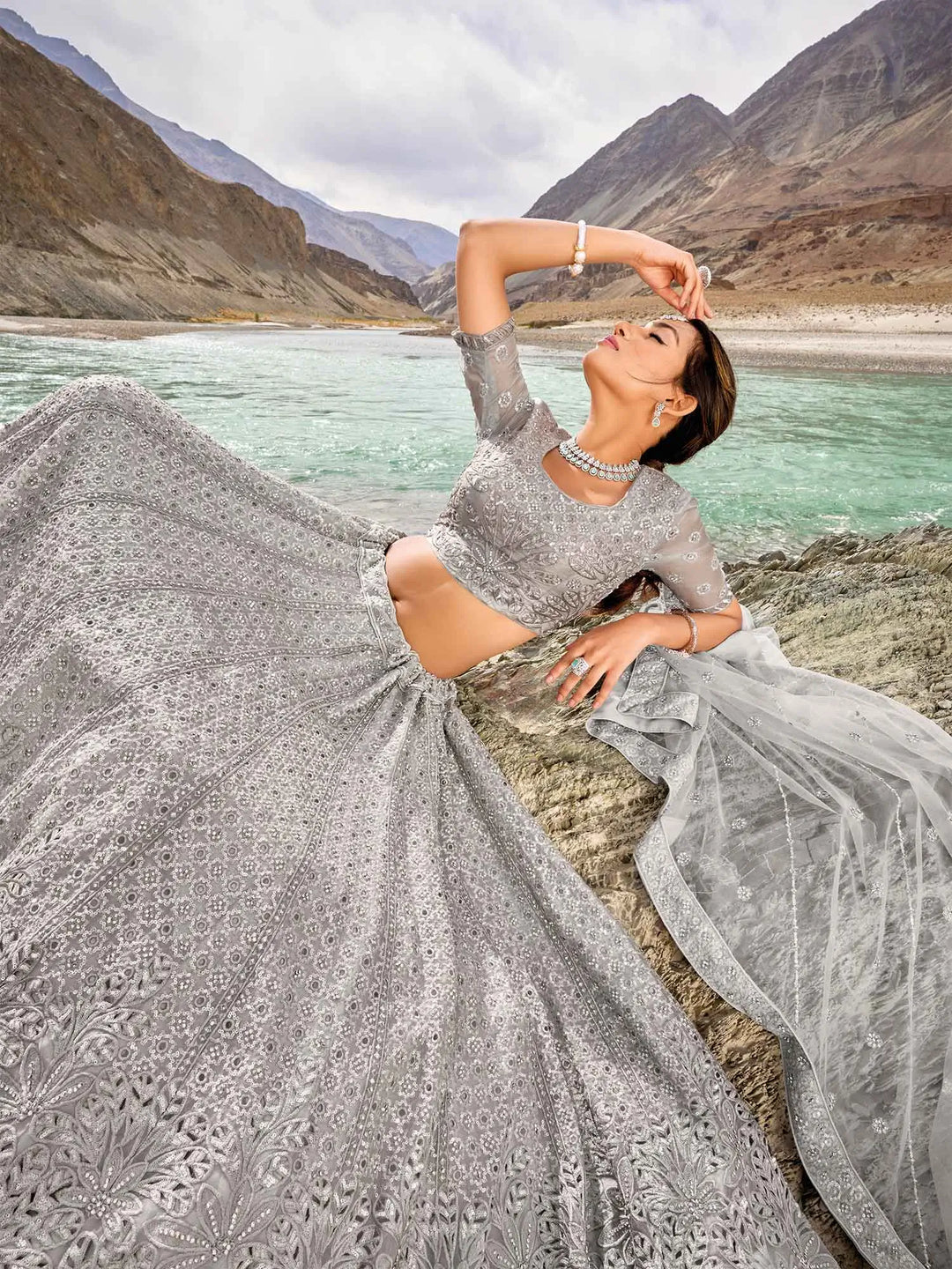 Pastel Grey Zarkan Work With Sequins Embroidery Work Lehenga For Bride