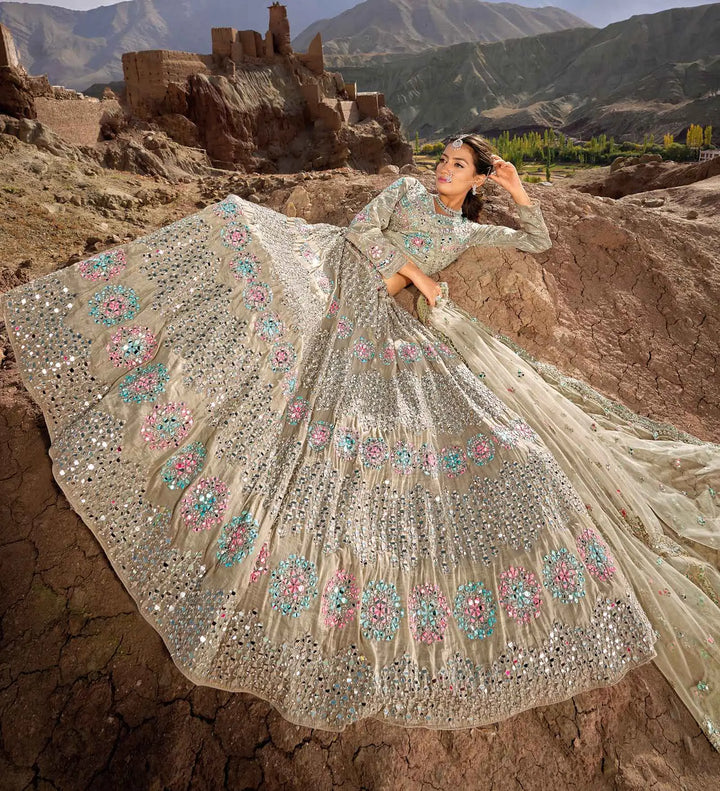 Dark Beige Mirror &  Zarkan Work With Embroidery Work Lehenga For Bride