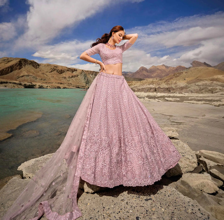 Greyish Pink Zarkan Work With Sequins Embroidery Work Lehenga For Bride
